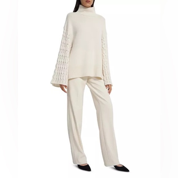NWT Theory Cream Cable-Sleeve 100% Cashmere Pullover Sweater Size Large Petite - Picture 14 of 15